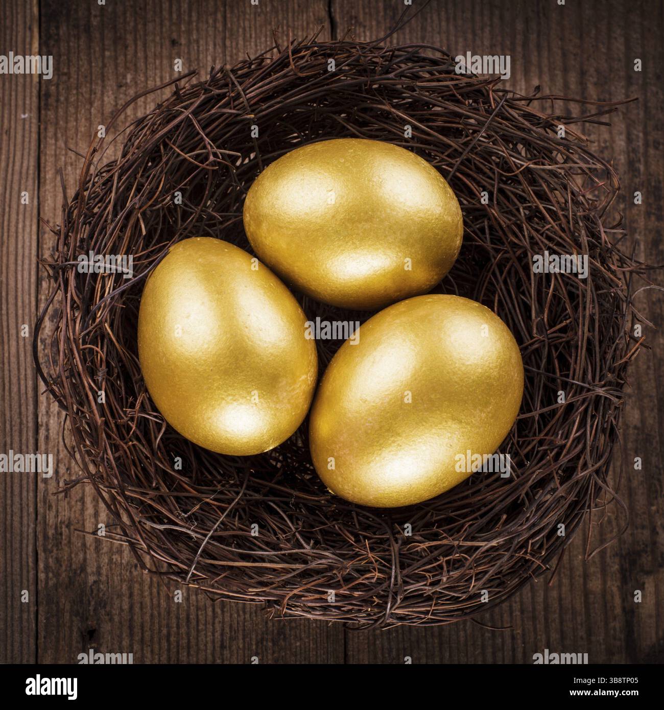 Uova d'oro nel nido su sfondo di legno con copia del testo Foto Stock