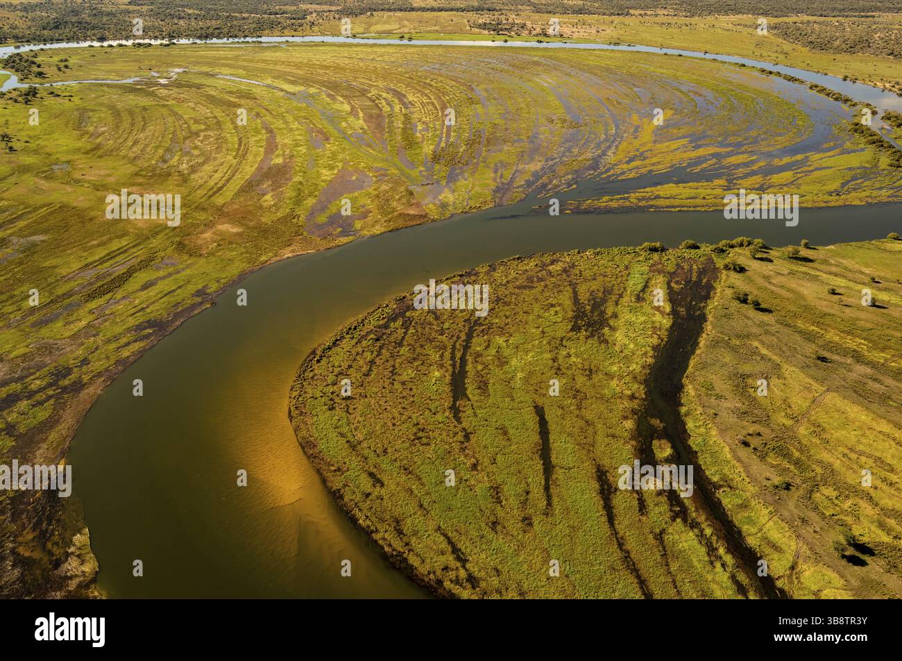 Fiume Cubango, cespuglio, orizzonte, coltivazione, strada di ghiaia, acqua, Ondjiva, provincia di Cunene, Angola, Africa Foto Stock