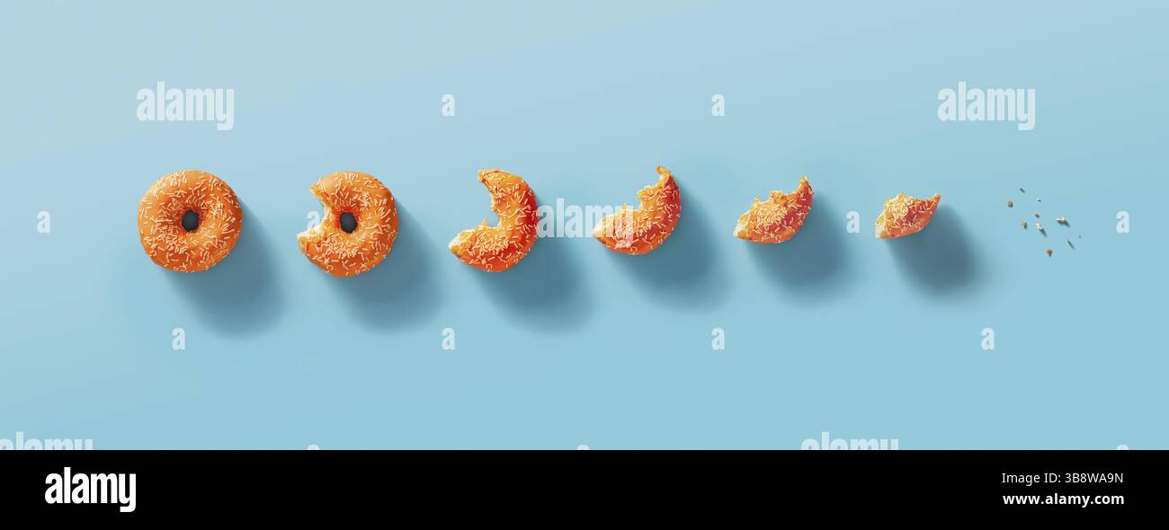 Sette stadi di ciambella mordere o mangiare giù per briciole. Mangiato ciambella con glassa d'arancio e spolverini bianchi su sfondo blu. Vista dall'alto o disposizione piatta. Hori Foto Stock