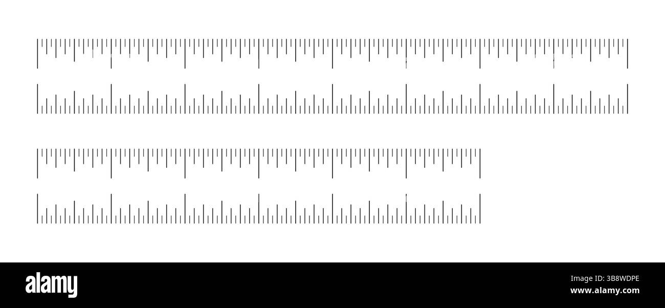 Tabella di misurazione con 8, 6 pollici. Scale righello impostate. Modelli di utensili da cucire. Calcolo della misurazione della lunghezza, distanza, pattern righello dell'altezza. Illustrazione Vettoriale