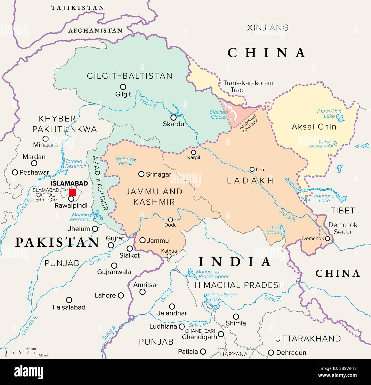 Kashmir, regione dell'Asia meridionale, mappa politica. Area contesa tra India, Pakistan e Cina. Foto Stock