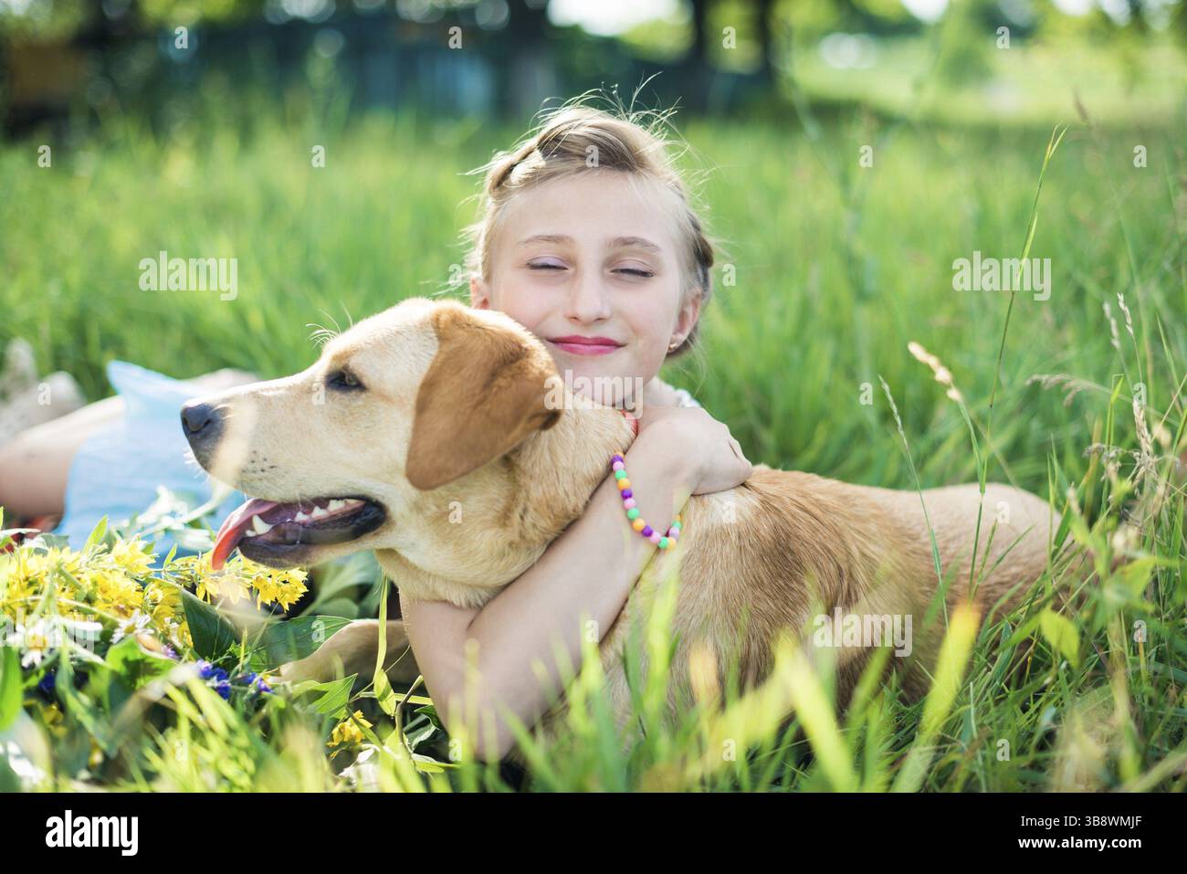 Ragazza con un cane sdraiato sull'erba in giardino in una giornata estiva di sole Foto Stock