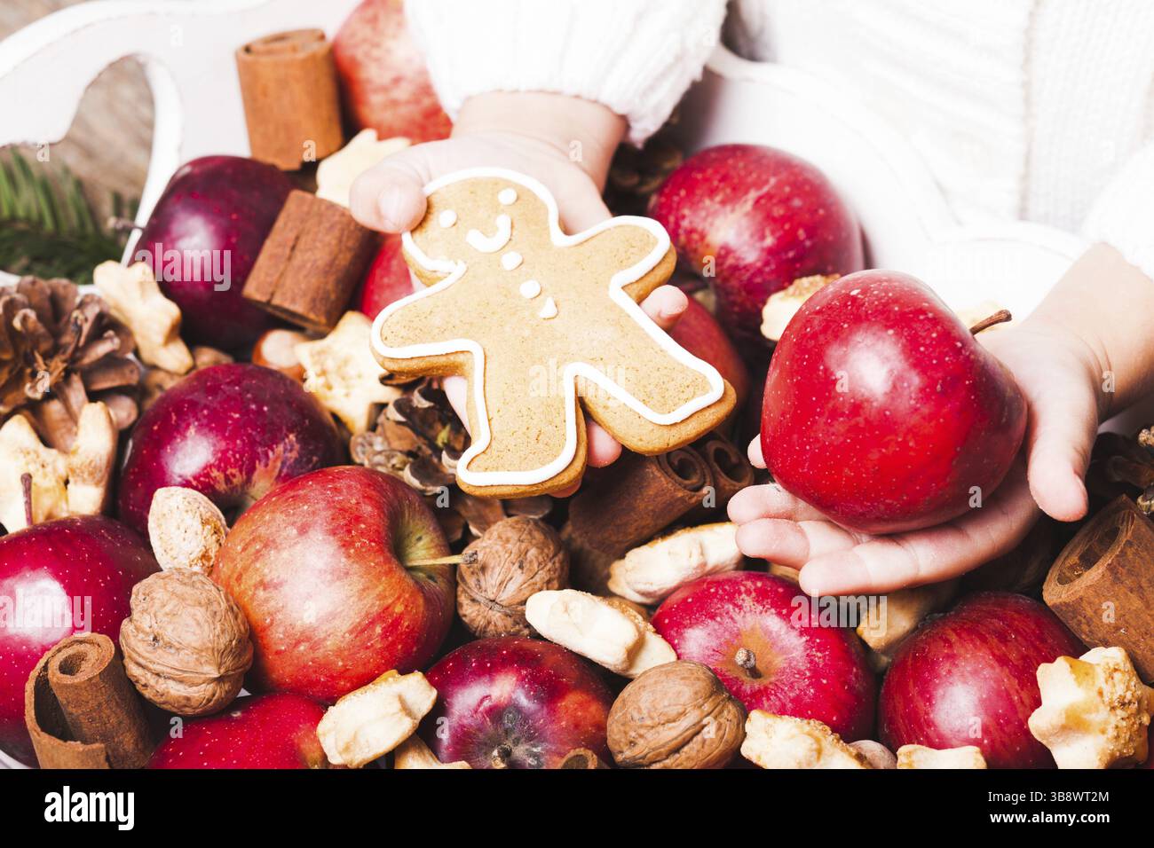 Le mani del bambino tengono un biscotto rosso della mela e del gingerman Foto Stock