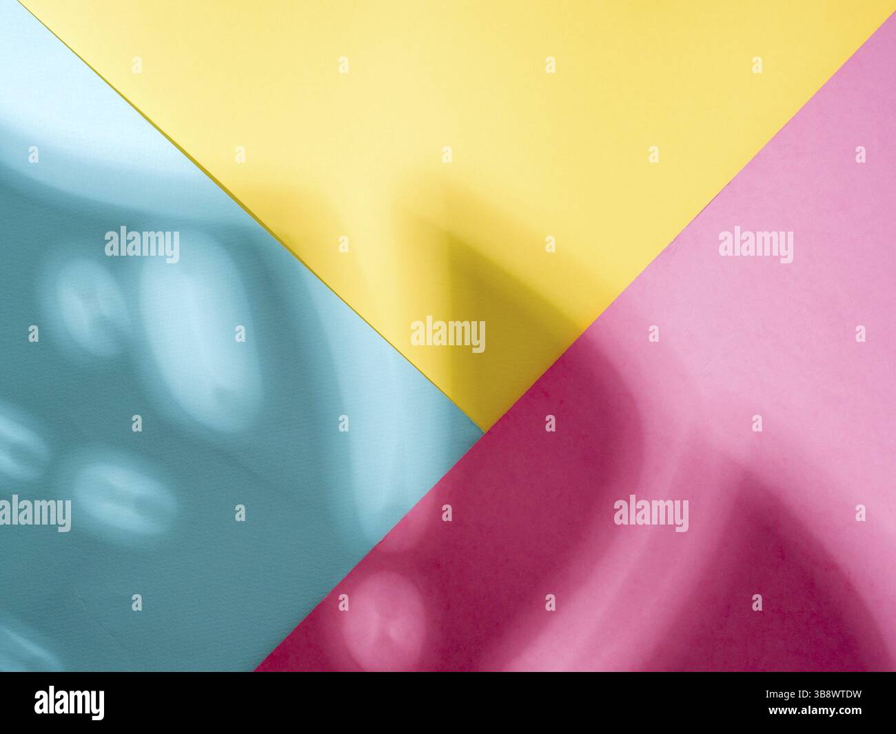 Foglia di monstera ombra sulla colorata di rosa blu sfondo giallo. Pianta tropicale monstera ombra. Layout creativi per la progettazione, la carta da parati. Copia spazio per te Foto Stock
