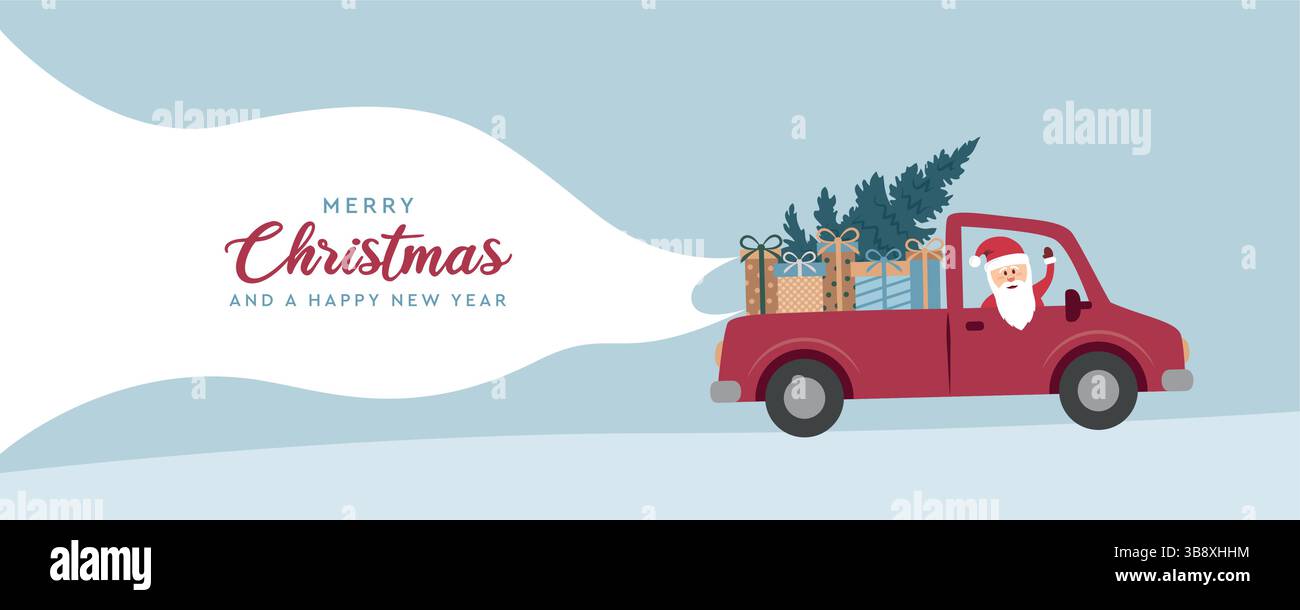 babbo natale guida un'auto con un albero di natale e un'illustrazione vettoriale per il saluto Illustrazione Vettoriale