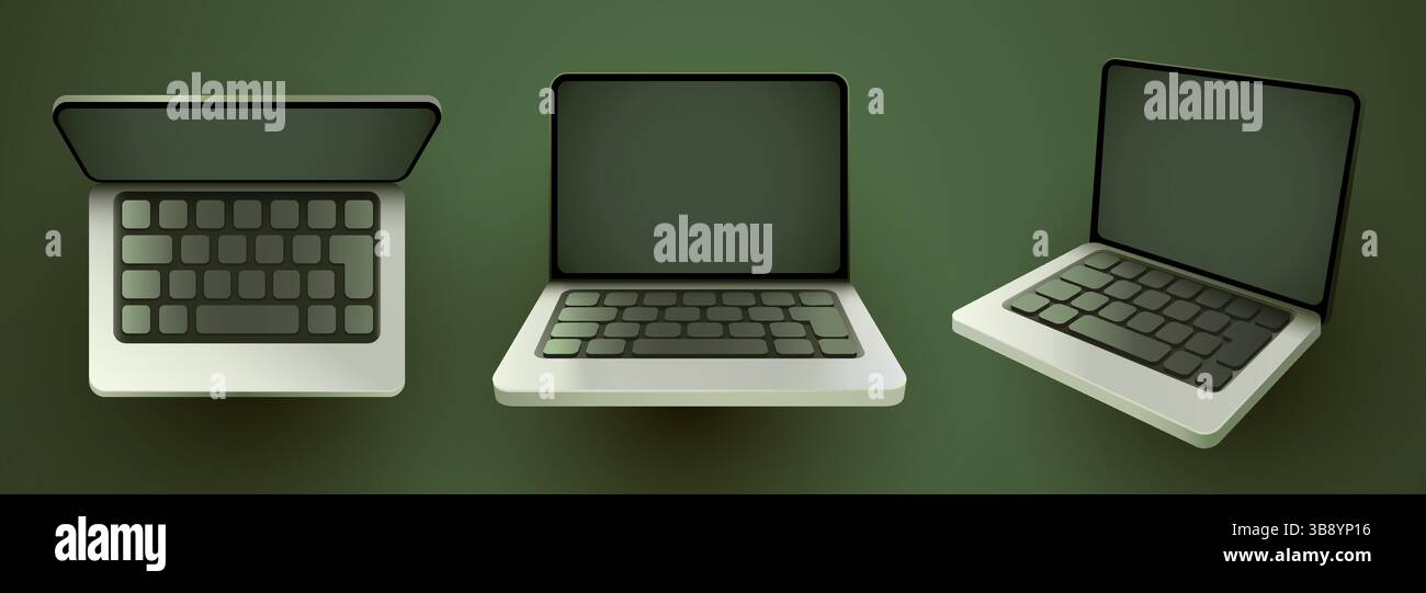 Modello di notebook. Notebook realistico in diverse posizioni. Illustrazione vettoriale Illustrazione Vettoriale