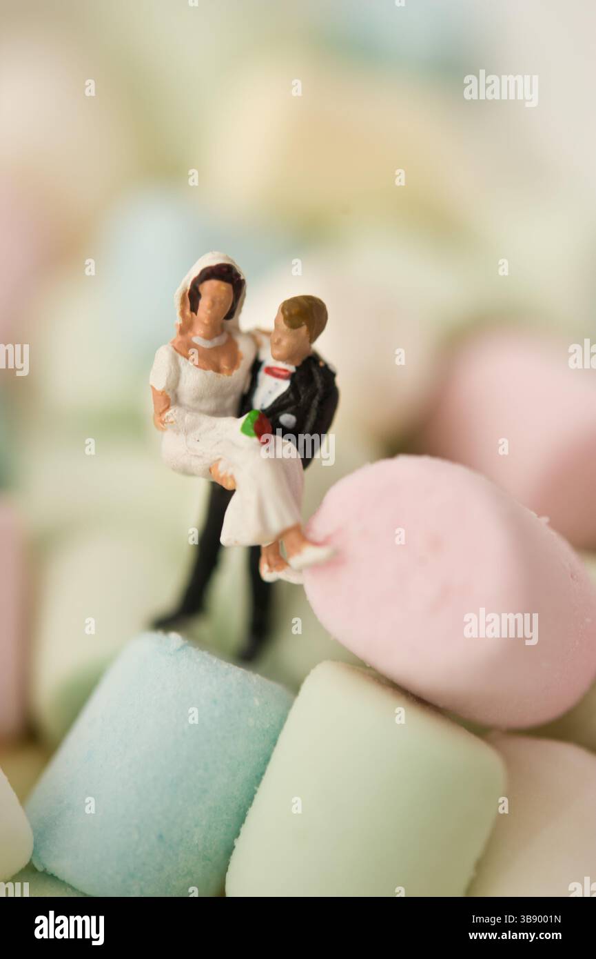 miniature di una coppia di sposi nuziali circondate da marshmallow Foto Stock