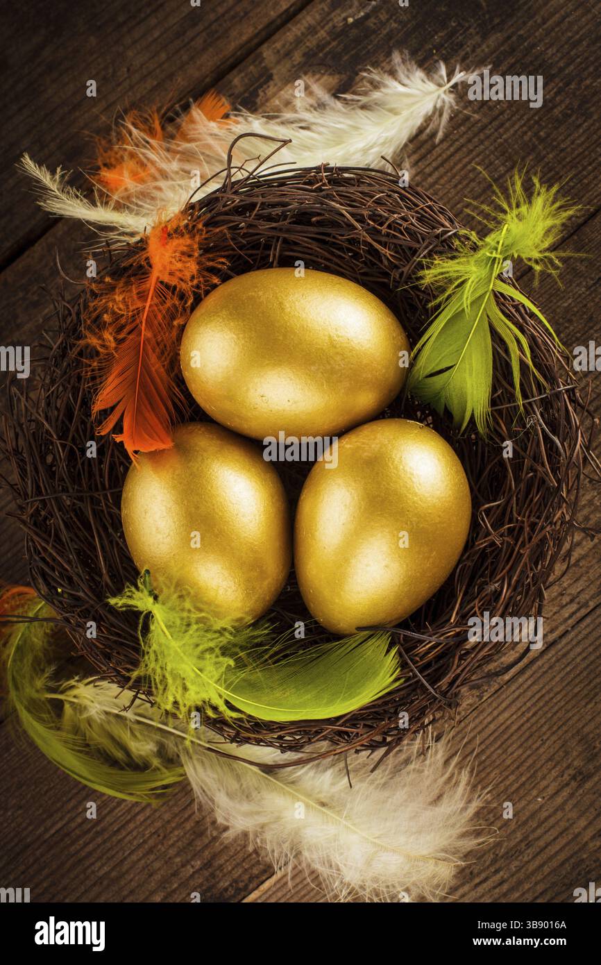 Uova d'oro nel nido su sfondo di legno con copia del testo Foto Stock
