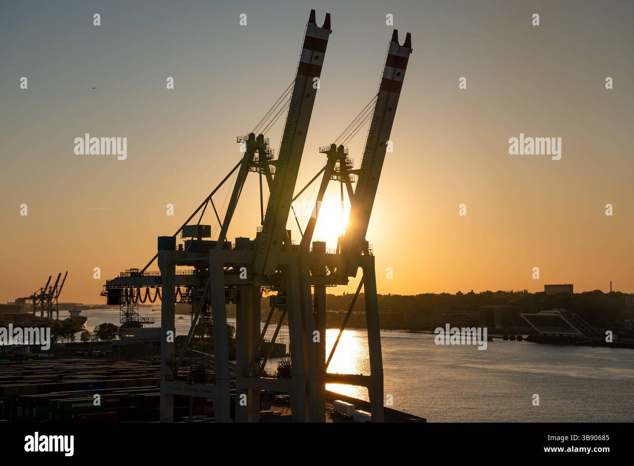 Amburgo, Germania - 27 aprile 2025: Gru portacontainer nel porto di Amburgo al tramonto presso il terminal di Tollerort, sagomate contro l'Elba, simbolo di gestione portuale commerciale, logistica e industriale *** Containerkräne im Hamburger Hafen am Terminal Tollerort bei Sonnenuntergang, silhouette vor der Elbe, ein Symbol für Handel, Logistik und industrielle Hafenwirtschaft Foto Stock