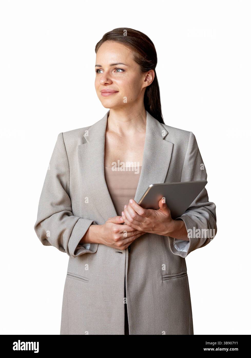 Donna professionale isolata in un abbigliamento da lavoro con tablet digitale. Foto Stock