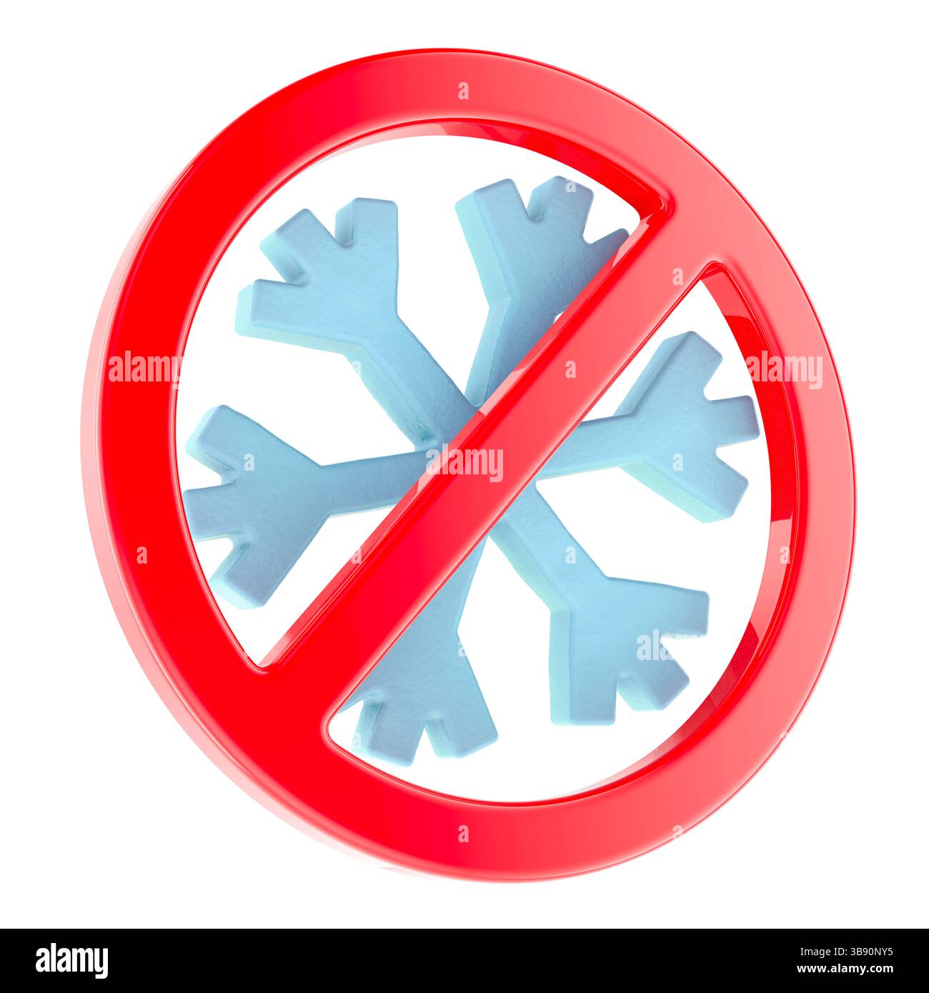 Simbolo di divieto con fiocco di neve. Rendering 3D isolato su sfondo bianco Foto Stock