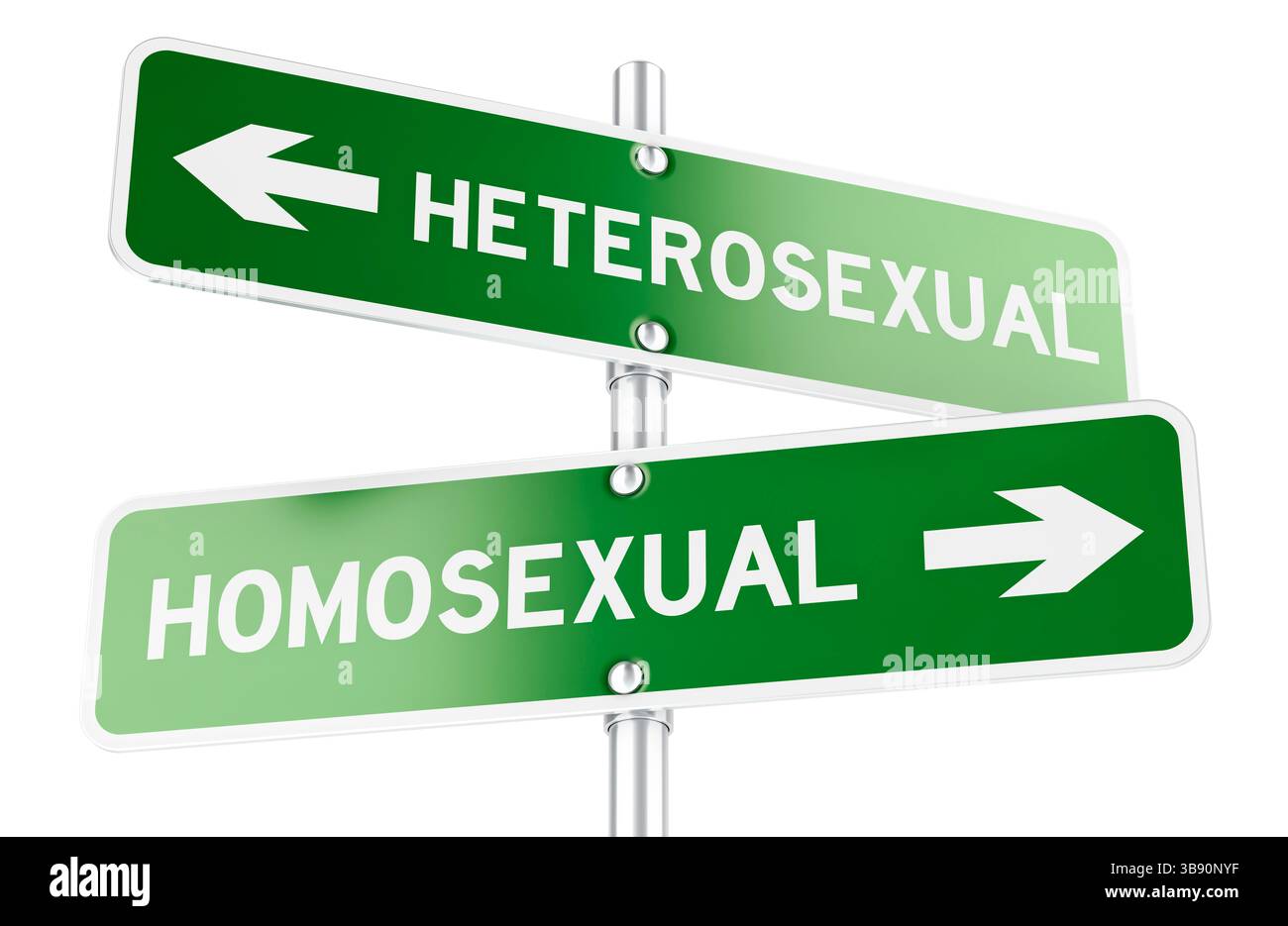 Omosessuale o eterosessuale. Segnaletica stradale opposta, rendering 3D isolato su sfondo bianco Foto Stock