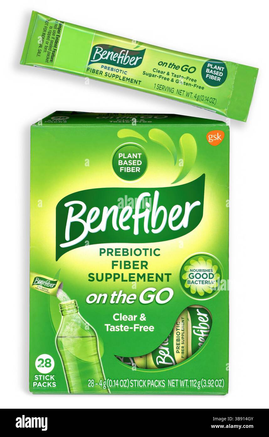 Confezioni singole di Benefiber On the GO, un integratore di fibre prebiotiche. È un integratore di fibre solubili a base vegetale che si scioglie in acqua. Foto Stock