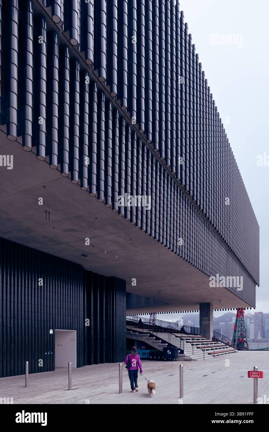 Linee architettoniche audaci della facciata del M+ Museum mentre una donna cammina il suo cane lungo la moderna passerella Foto Stock