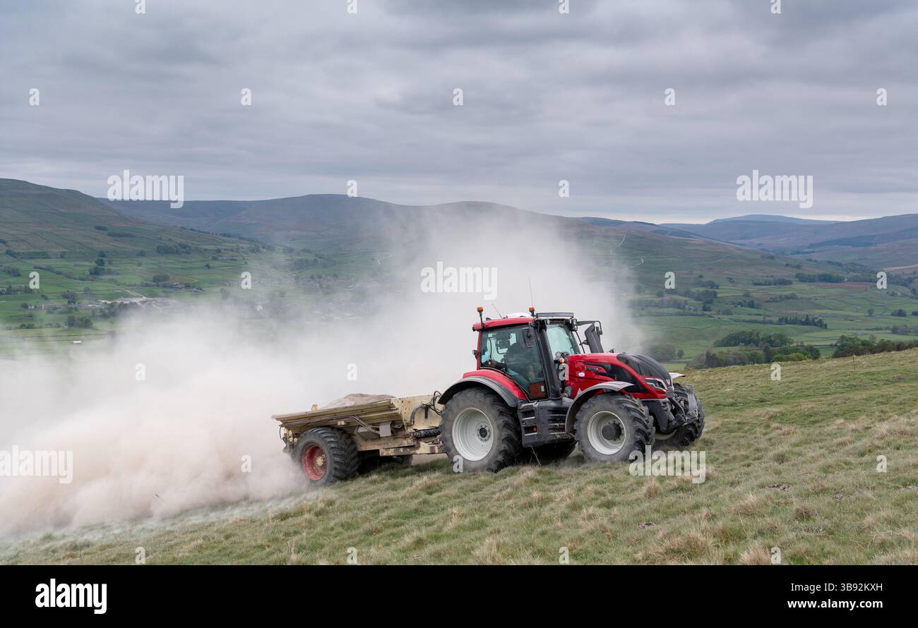 Appaltatore agricolo, alla guida di un trattore Valtra rosso, spalmando calce su un ripido pascolo per migliorare il pH del terreno e la qualità del terreno. Wensley Foto Stock