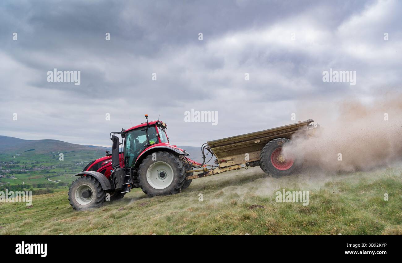 Appaltatore agricolo, alla guida di un trattore Valtra rosso, spalmando calce su un ripido pascolo per migliorare il pH del terreno e la qualità del terreno. Wensley Foto Stock