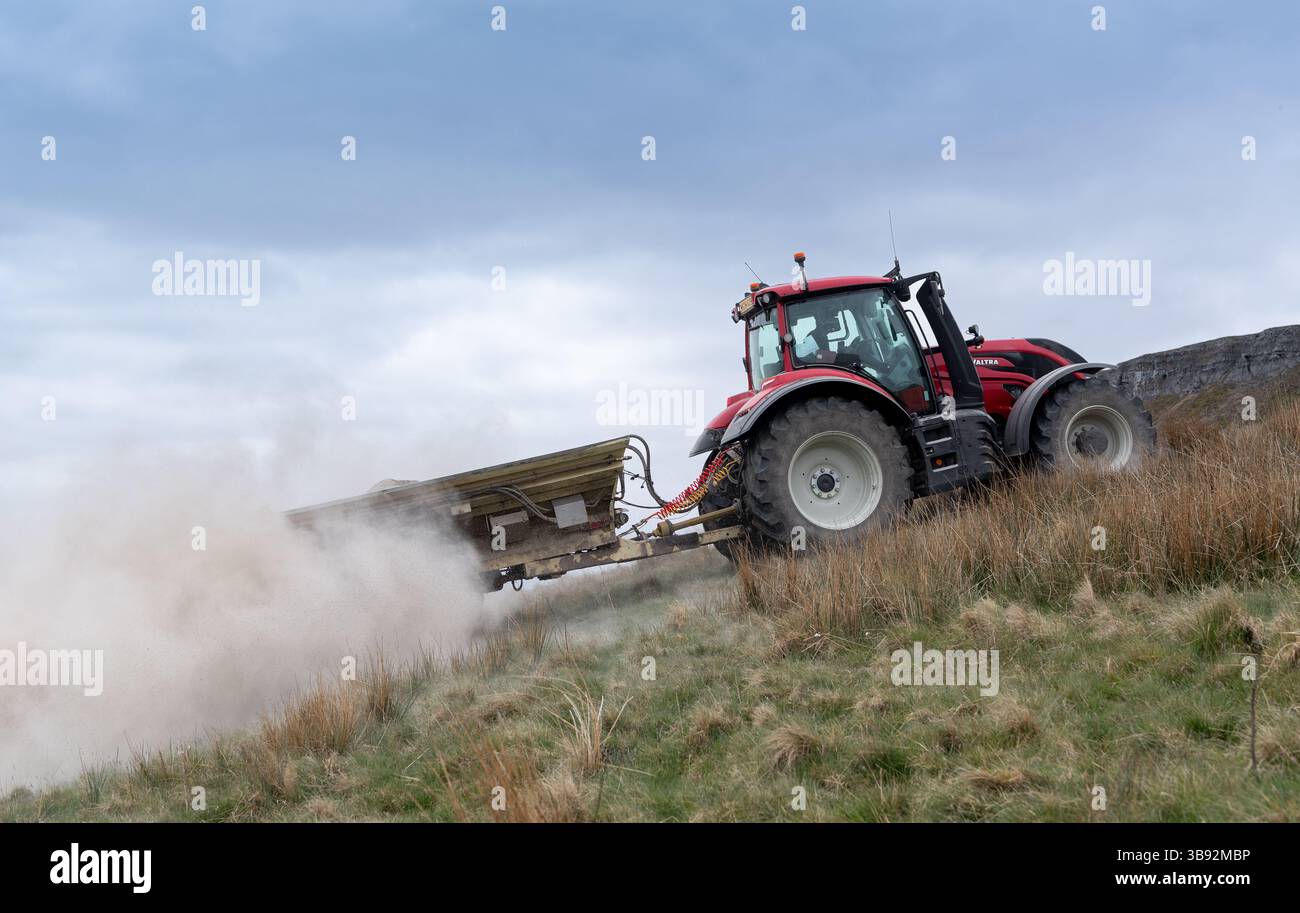 Appaltatore agricolo, alla guida di un trattore Valtra rosso, spalmando calce su un ripido pascolo per migliorare il pH del terreno e la qualità del terreno. Wensley Foto Stock