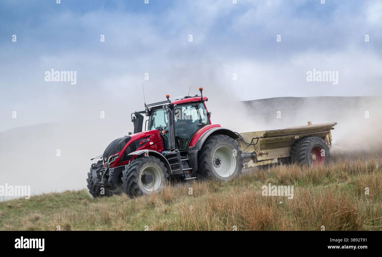 Appaltatore agricolo, alla guida di un trattore Valtra rosso, spalmando calce su un ripido pascolo per migliorare il pH del terreno e la qualità del terreno. Wensley Foto Stock