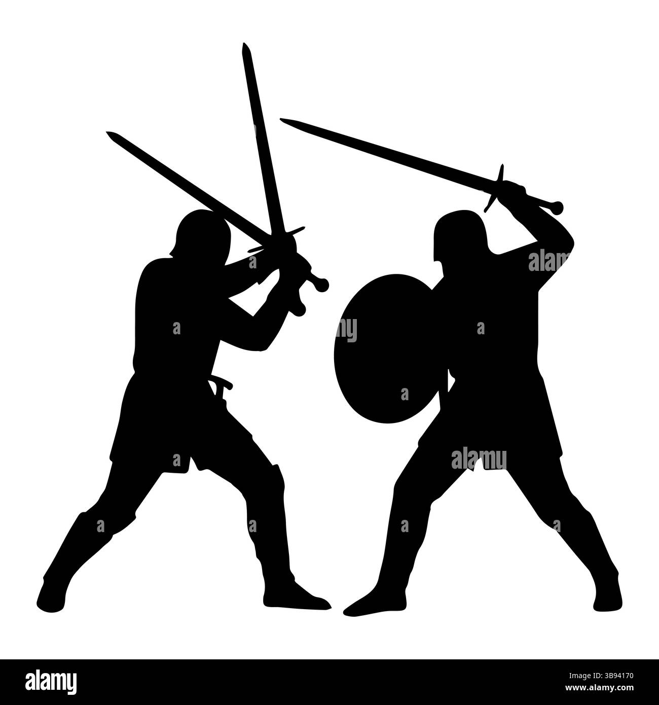 Medieval Sword Fight silhouette Guerrieri duello , Cavalieri in armatura con spada in battaglia sagoma vettoriale isolato. Illustrazione Vettoriale