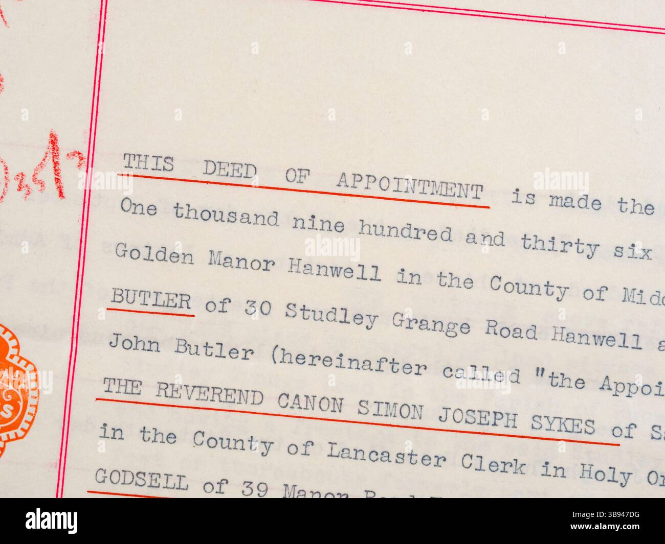 Dettaglio dell’atto di registrazione della nomina come visto in un documento fiduciario (a seguito di una controversia di testamento) nel titolo di un bene del Regno Unito. Foto Stock