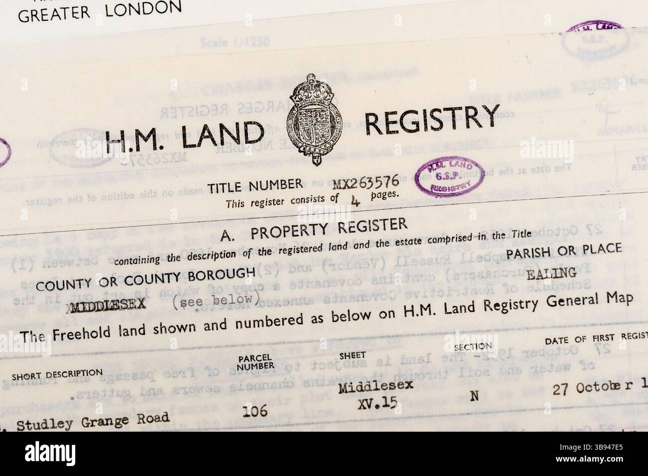 Dettaglio del documento di proprietà del catasto HM per una proprietà nel Regno Unito (anni 1950). Foto Stock