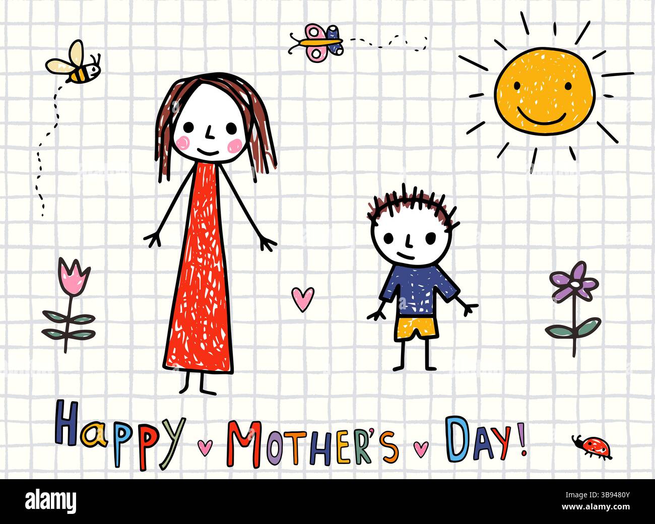 Carino disegno a bastone di mamma e figlio, biglietto d'auguri per bambini disegnato a mano per la festa della mamma, sfondo semplice per bambini Illustrazione Vettoriale