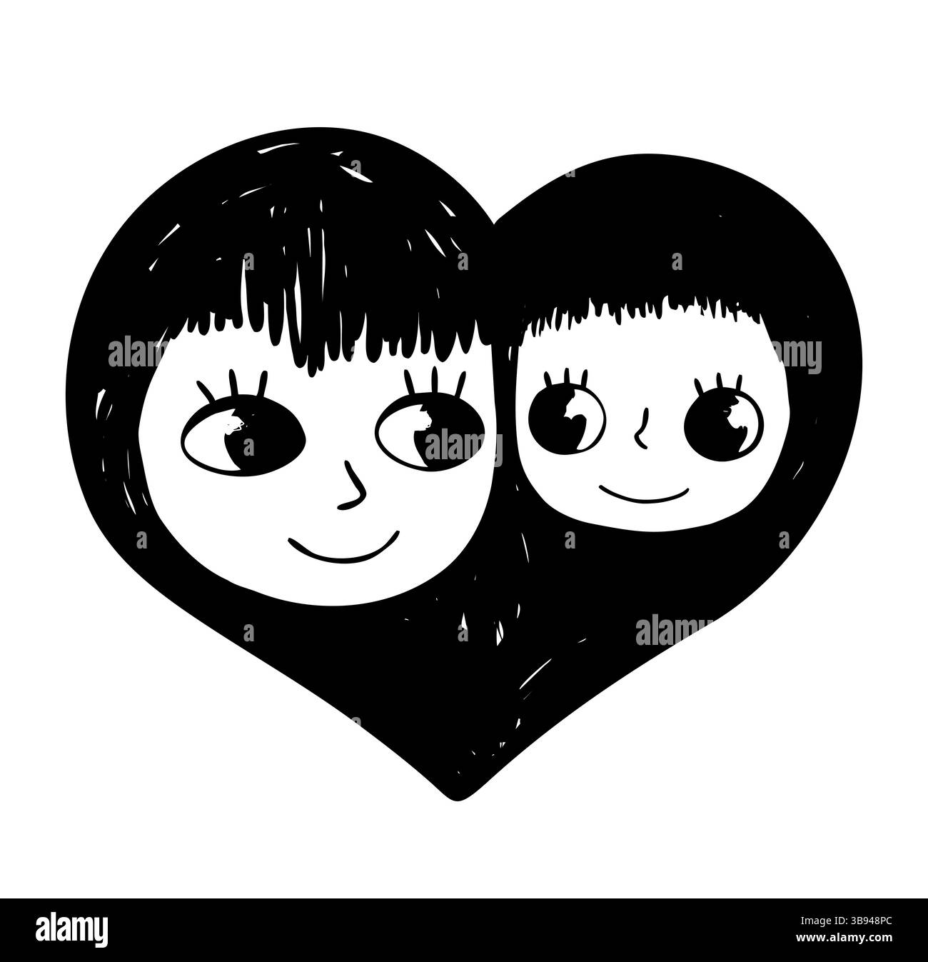 Grazioso design in bianco e nero con madre e figlia a forma di cuore, illustrazione di mamma e bambino per biglietti d'auguri, poster, striscioni Foto Stock