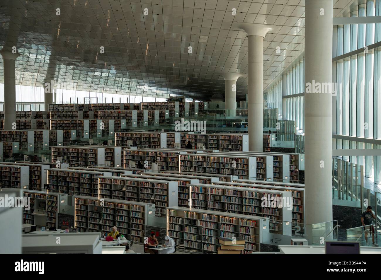 Biblioteca moderna e futuristica a Doha, Qatar. Design elegante con centinaia di file di libri. Foto Stock