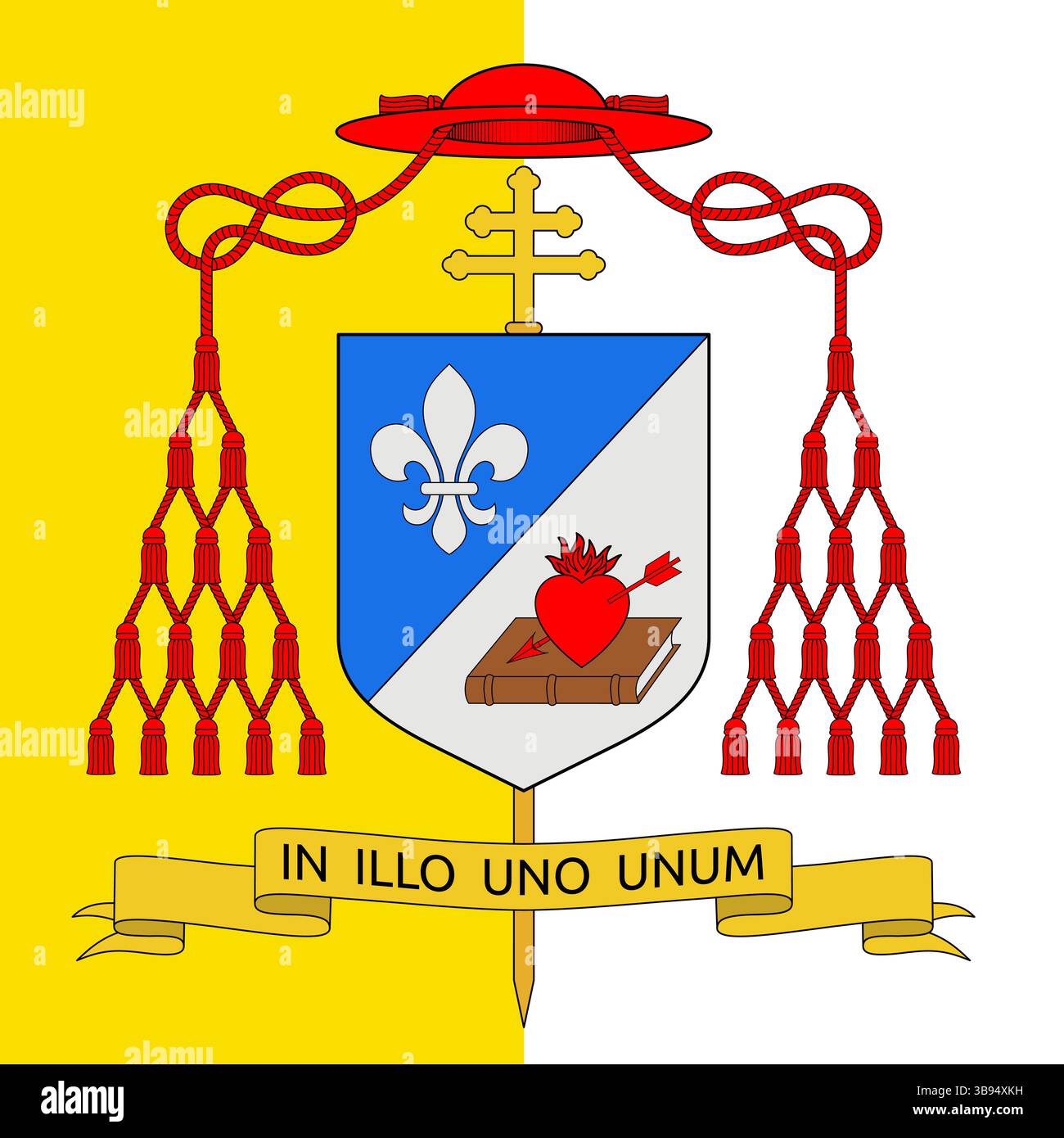 Stemma del Cardinale Robert Francis Prevost, USA, sullo sfondo della bandiera della Santa sede Illustrazione Vettoriale