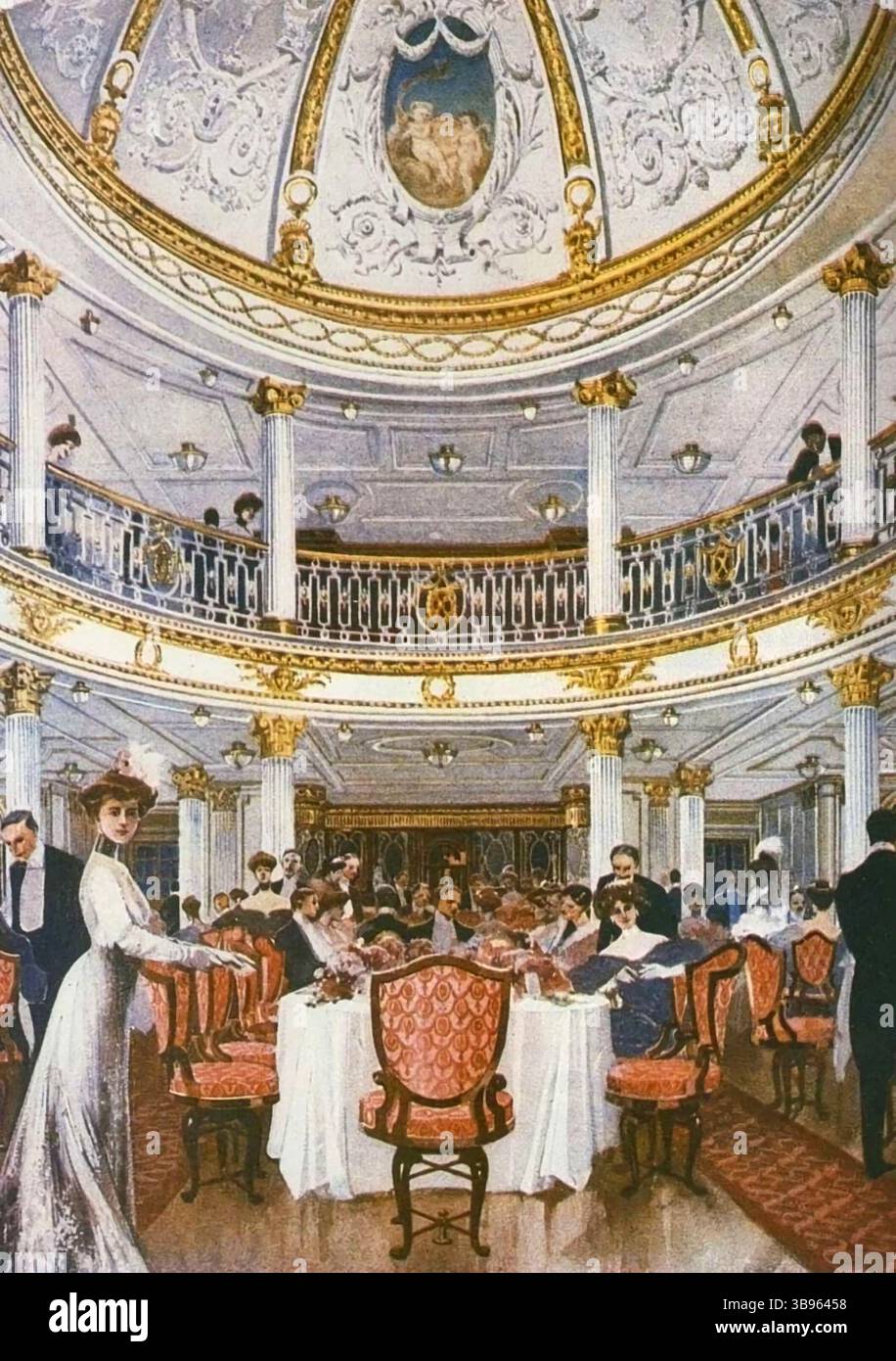 Materiale promozionale che mostra la sala da pranzo di prima classe a bordo della Lusitania. La Lusitania era un transatlantico britannico che fu silurato da un U-Boot durante la prima guerra mondiale il 7 maggio 1915, al largo della Old Head of Kinsale, in Irlanda. A bordo di lei c'erano 1.264 passeggeri, 3 stivali e un equipaggio di 693 persone, per un totale di 1.960 persone, di cui 1.197 furono uccise. La nave affondò in soli 18 minuti. L'affondamento ha allontanato l'opinione pubblica dalla Germania e la morte di 128 americani a bordo è stato un fattore importante per l'entrata in guerra degli Stati Uniti. Foto Stock