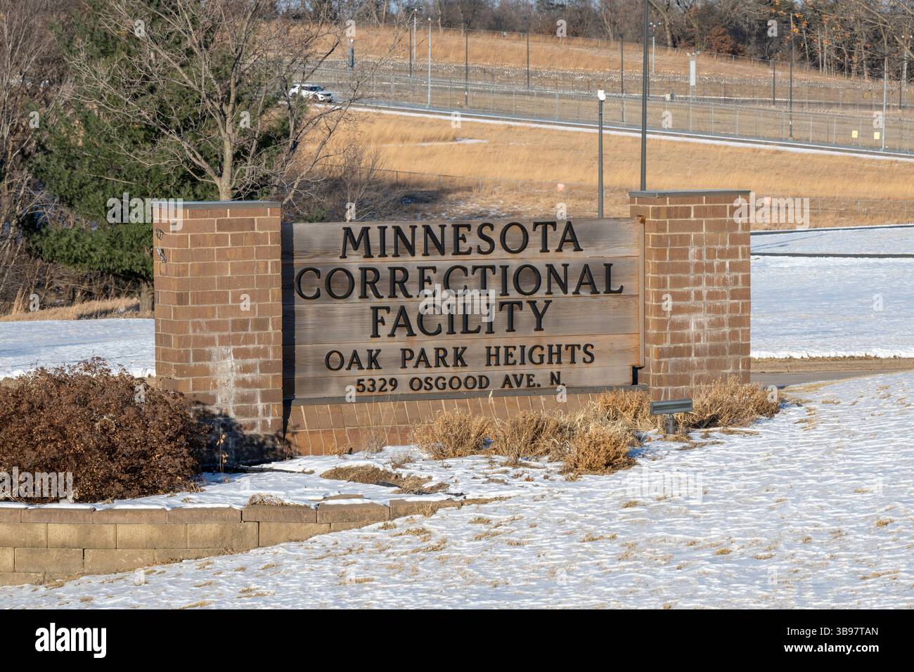 Oak Park Heights, Minnesota. Cartello all'ingresso del Minnesota Correctional Facility. E' l'unica prigione di massima sicurezza del Minnesota di livello 5. Foto Stock