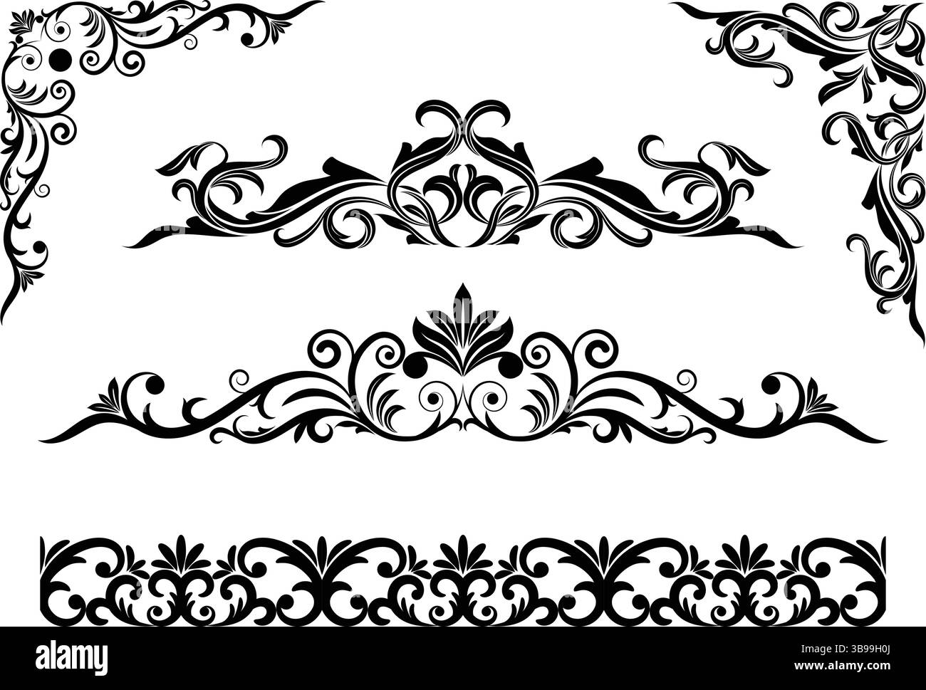 Classica calligrafia decorativa in pizzo con disegno a mano, elementi di design per bordi e angoli per inviti e decorazioni Illustrazione Vettoriale