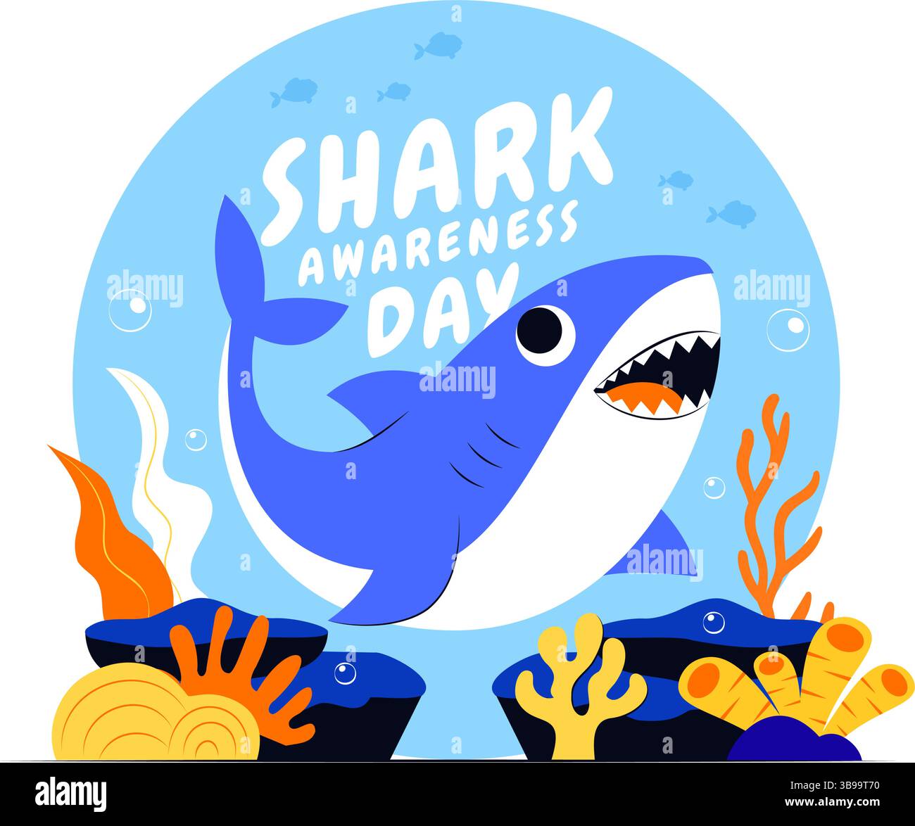 Illustrazione vettoriale del giorno della consapevolezza dello squalo il 14 luglio con uno squalo e l'oceano per aiutare a preservare l'ecosistema marino in uno sfondo piatto Illustrazione Vettoriale