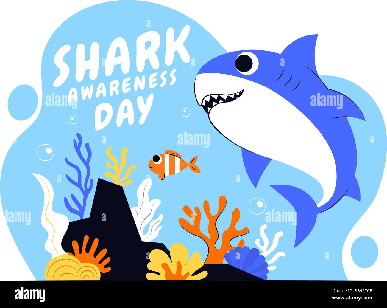 Illustrazione vettoriale del giorno della consapevolezza dello squalo il 14 luglio con uno squalo e l'oceano per aiutare a preservare l'ecosistema marino in uno sfondo piatto Illustrazione Vettoriale