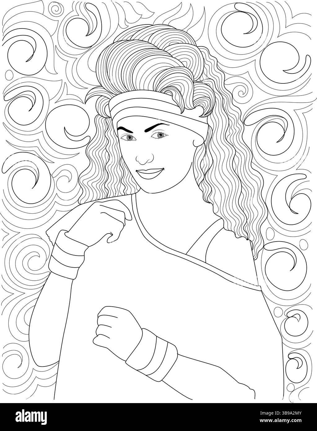 Illustrazione in bianco e nero di una donna alla moda degli anni '80, con capelli grandi, un cerchietto, una parte superiore spalla e braccialetti, contro un Illustrazione Vettoriale