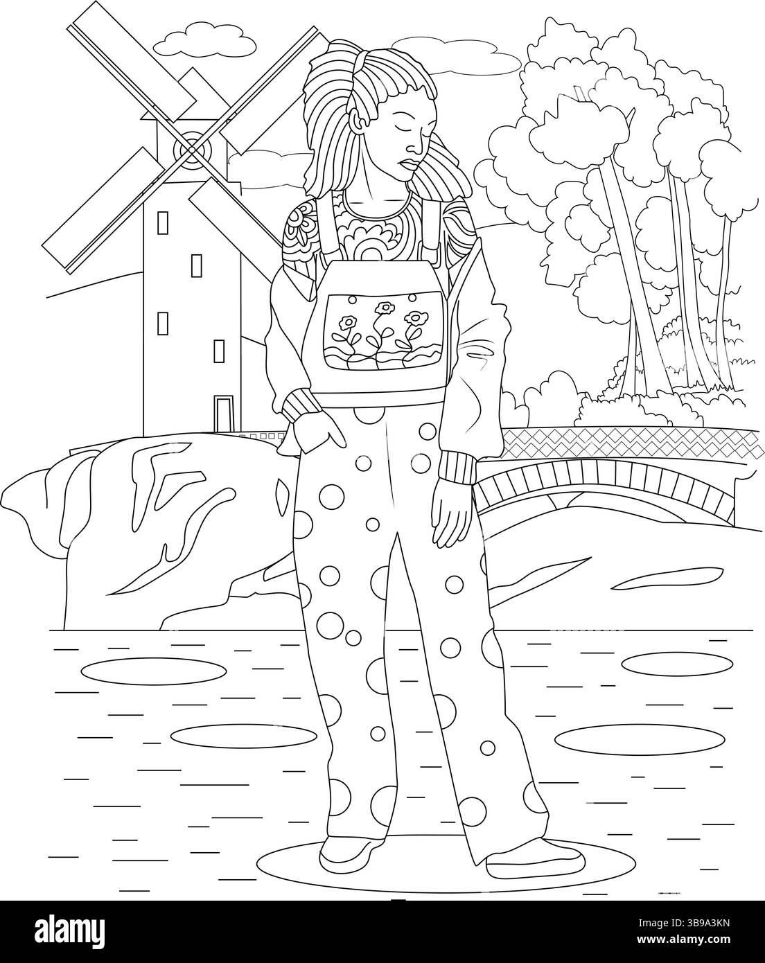 Illustrazione in bianco e nero di una persona che indossa tute a pois in stile anni '90 e uno zaino, in piedi in un paesaggio all'aperto con un vento Illustrazione Vettoriale