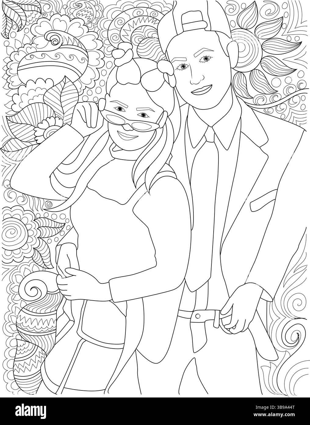 Illustrazione in bianco e nero per un libro da colorare che presenta una coppia elegante alla moda degli anni '90 con un dettagliato sfondo floreale e paisley. Illustrazione Vettoriale