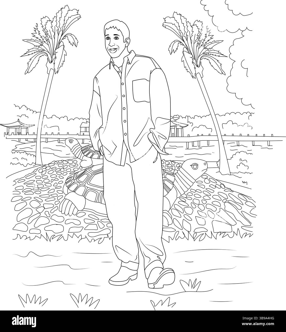 Illustrazione in bianco e nero di un uomo con abbigliamento casual anni '90 in piedi in un parco all'aperto con palme, un ponte, pagoda e t Illustrazione Vettoriale