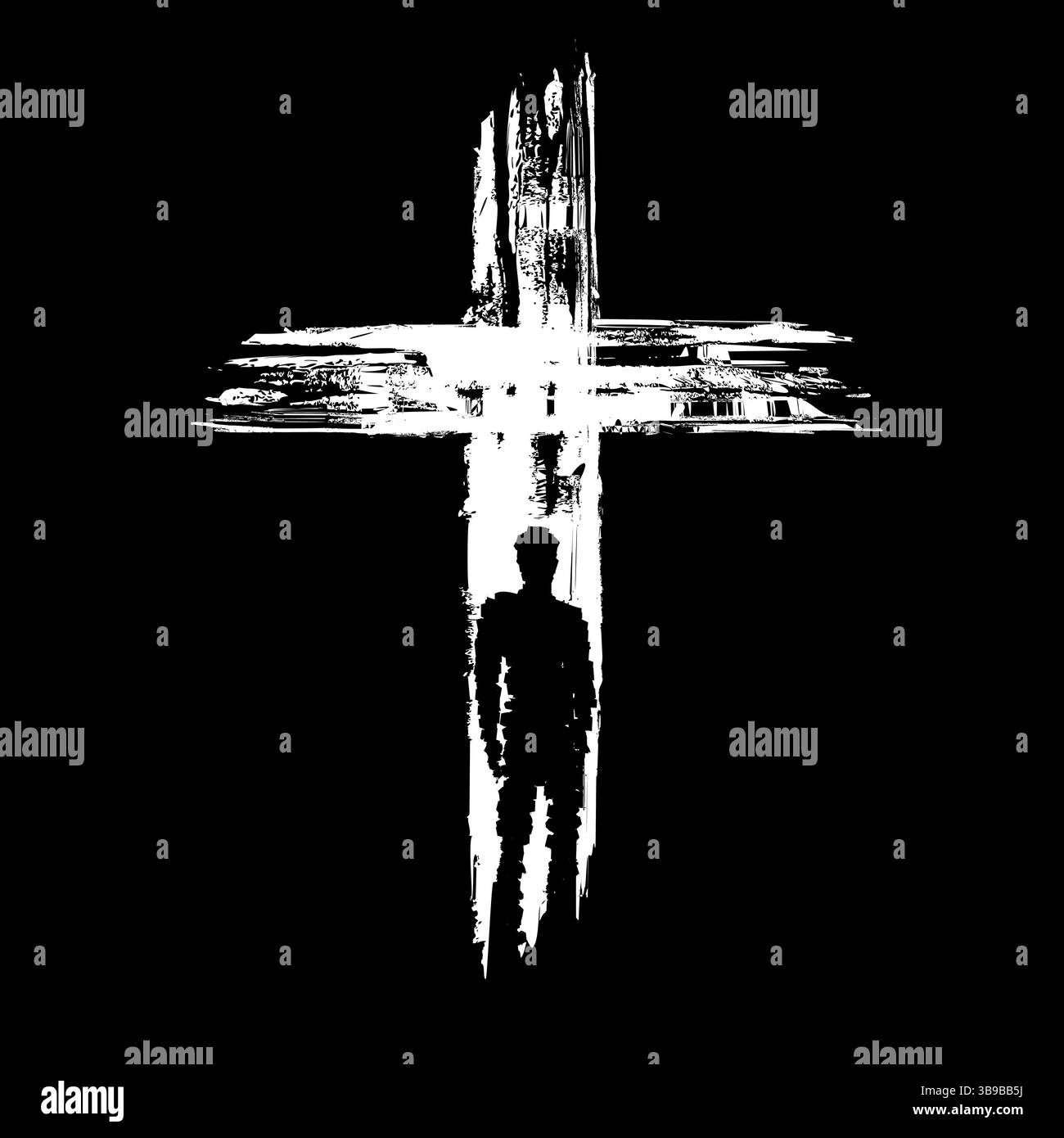 Sagoma di Gesù su una croce grunge. T-shirt cristiana creativa con croce grunge e Cristo per felpa o abbigliamento giovanile. Vettore Illustrazione Vettoriale