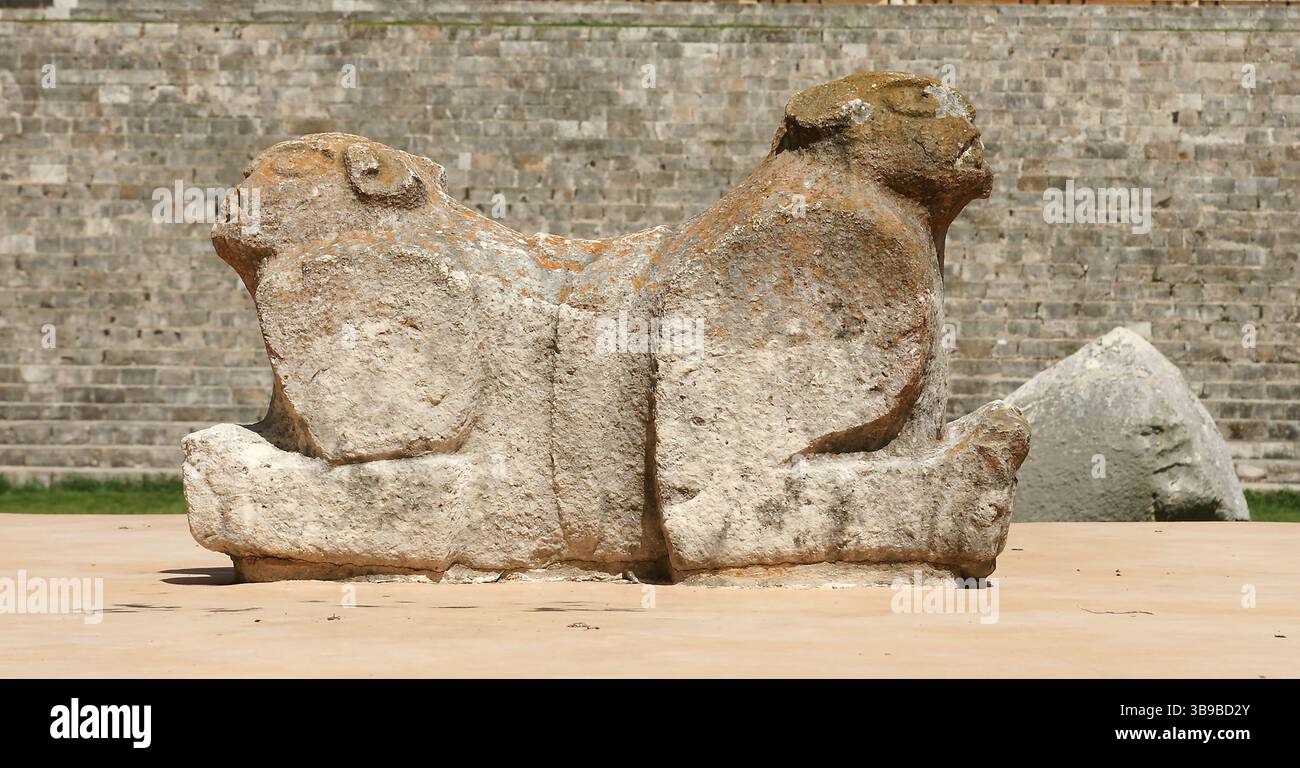 Messico. Yucatan. Uxmal. Il trono giaguaro di fronte al Palazzo dei governatori. Foto Stock