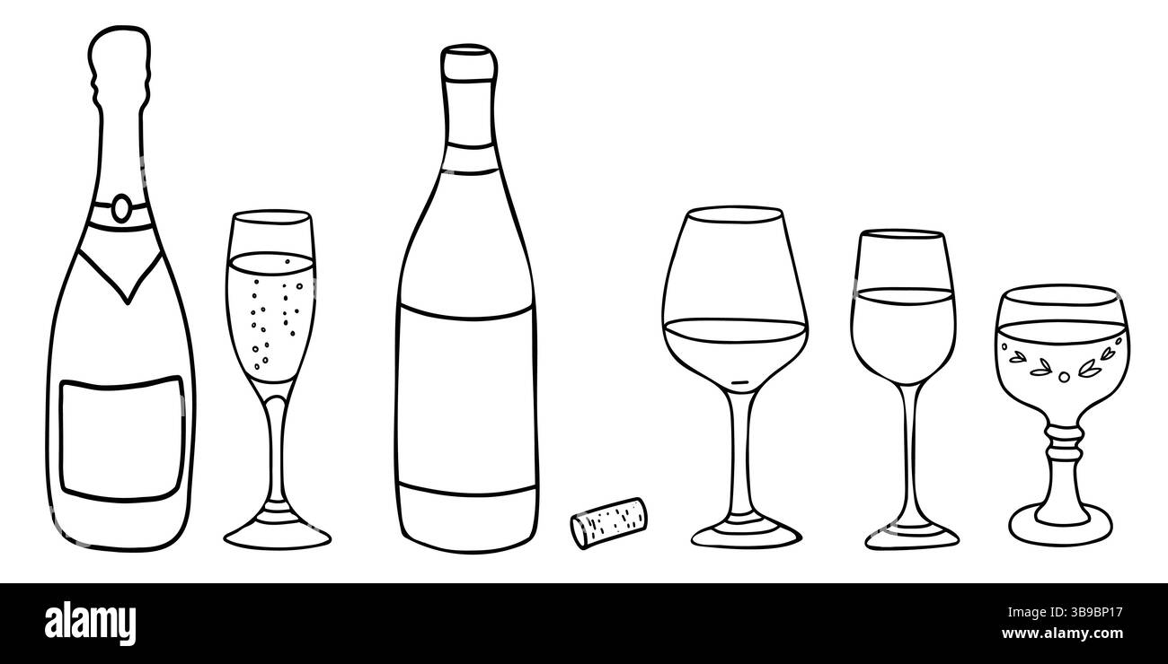 Set di vini. Bicchieri e bottiglie bianchi e rossi, champagne o vino frizzante. Illustrazione vettoriale disegnata a mano, grafica lineare, stile doodle. Per il menu Bar, logo Illustrazione Vettoriale