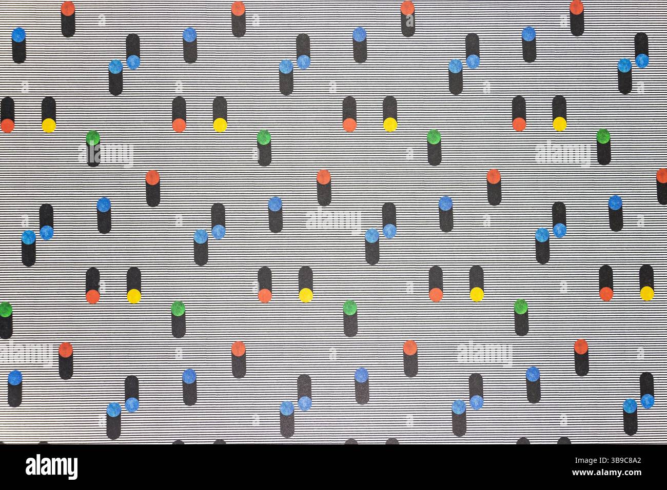 Questa immagine raffigura un pattern ripetuto di varie forme colorate su uno sfondo a strisce. Le forme sembrano rettangolari o a forma di pillola. Foto Stock