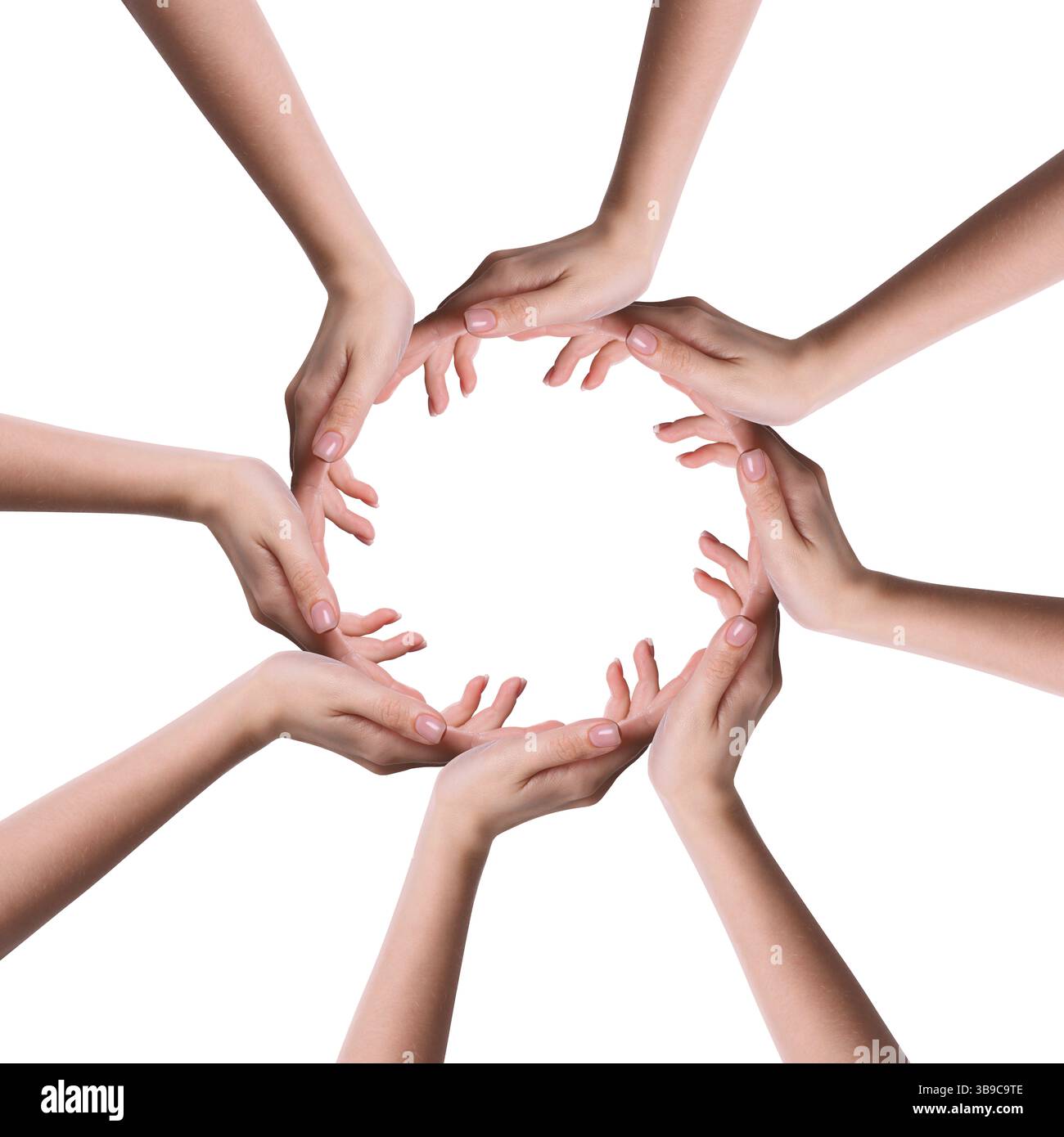 Fare un cerchio di mani umane su sfondo bianco. Unità, partenariato, cooperazione Foto Stock
