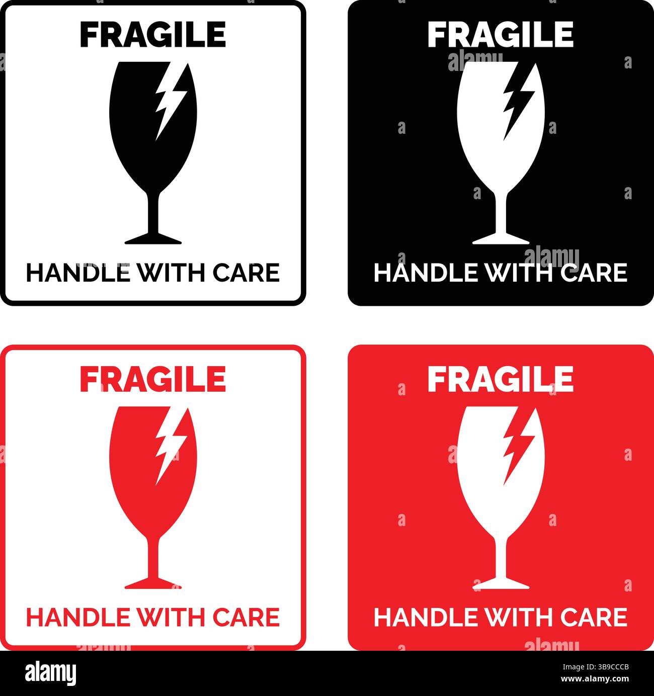 manico fragile con etichette di manutenzione in rosso, nero e bianco con icone in vetro rotto utilizzate per le avvertenze di imballaggio e spedizione Illustrazione Vettoriale