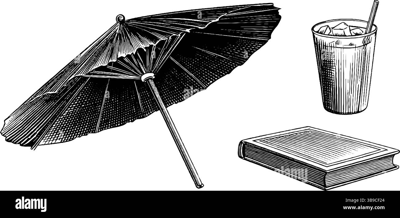 Vibrazioni retrò sulla spiaggia con ombrellone, bevanda rinfrescante e illustrazione di libri per il relax estivo. Illustrazione Vettoriale