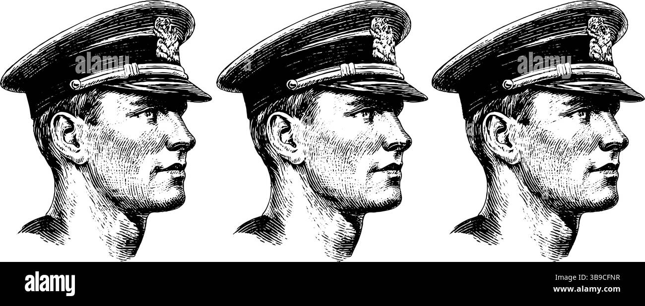 Illustrazioni vintage incise di ufficiali della guardia costiera in una vista uniforme del profilo. Illustrazione Vettoriale