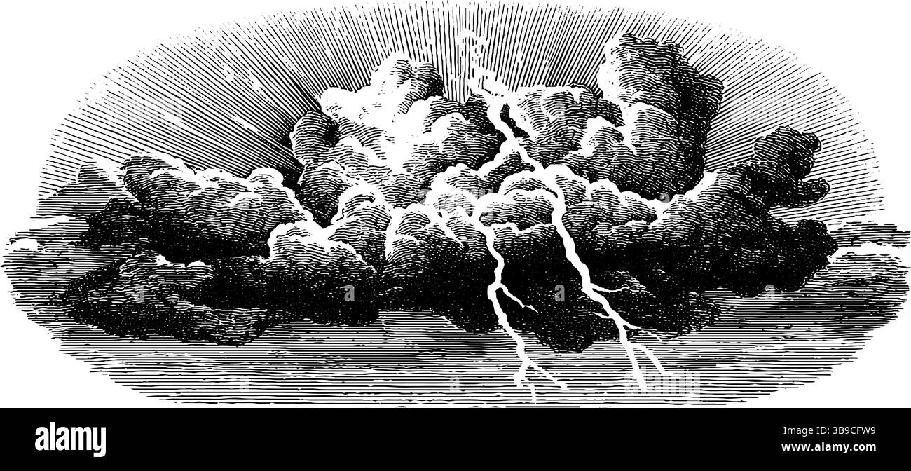 Spettacolare illustrazione incisa di un cielo tempestoso con fulmini. Illustrazione Vettoriale