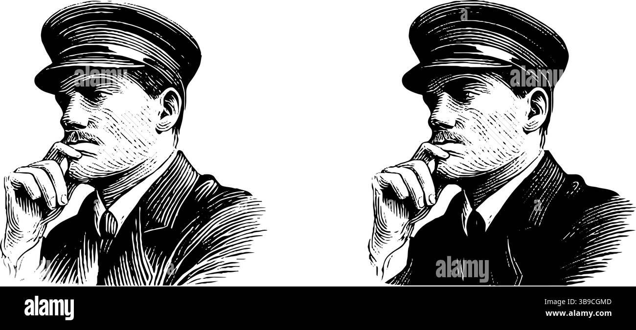 Ritratto del conduttore di treni d'epoca in stile inciso per progetti di design storici. Illustrazione Vettoriale