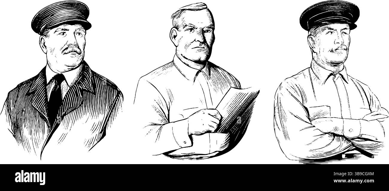 Ritratti incisi di ufficiali in libertà vigilata in abbigliamento storico per uso didattico e di design. Illustrazione Vettoriale