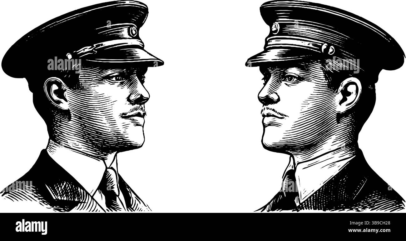 Incisione vintage di un ufficiale della sicurezza ferroviaria in uniforme - classico design della storia dei trasporti. Illustrazione Vettoriale